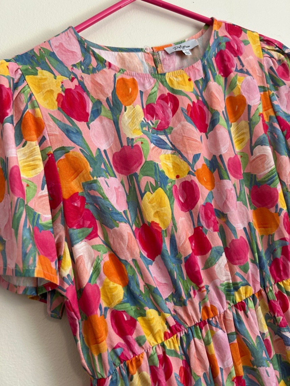 Polagram Pink Floral Tiered Midi Dress with Multicolor Tulip Print - Picture 6 of 8